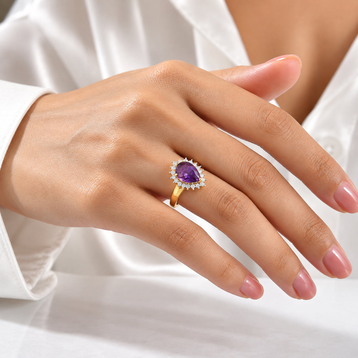 Luxuriant - AAA Zambian Amethyst &amp; Lab Grown Diamond (SI-G-H) Halo Ring in 18K Vermeil Yellow Gold Plated Sterling Silver 2.34 Ct. 8773087 1
