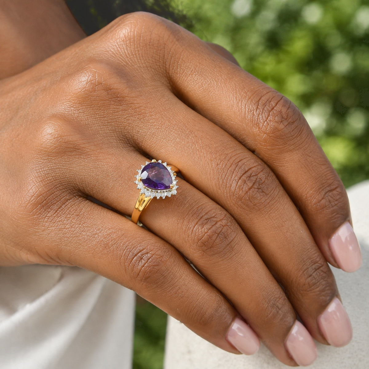 Luxuriant - AAA Zambian Amethyst &amp; Lab Grown Diamond (SI-G-H) Halo Ring in 18K Vermeil Yellow Gold Plated Sterling Silver 2.34 Ct. 8773087 2