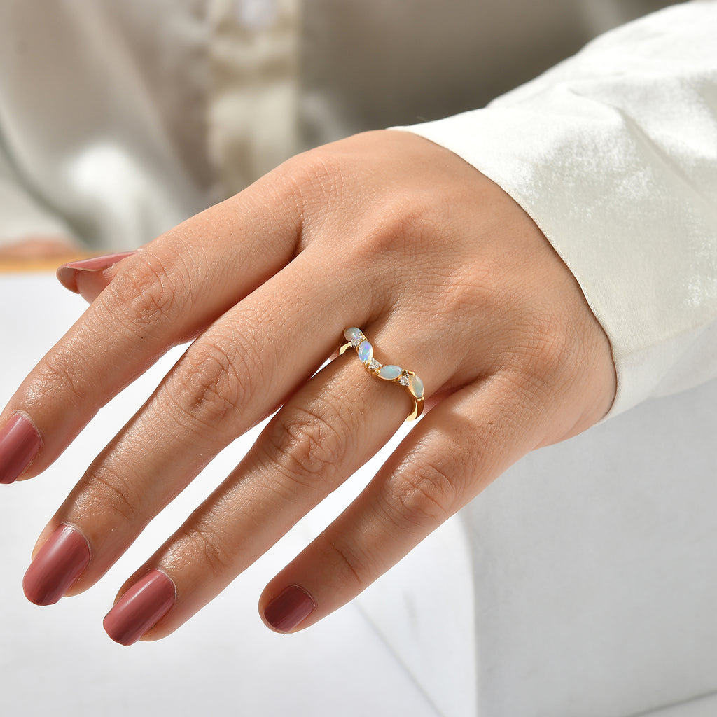 D'Joy - Ethiopian Opal & Moissanite Wishbone Ring in 18K Vermeil Yellow Gold Plated Sterling Silver_8773277_1