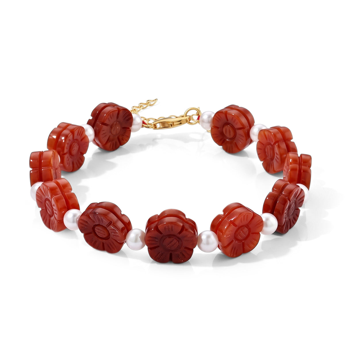 D'Joy - Red Jade &amp;  Akoya Pearl Beads Bracelet (Size - 8-2 Ext) in Yellow Gold Plated Sterling Silver 91.90 Ct. 8773566 0