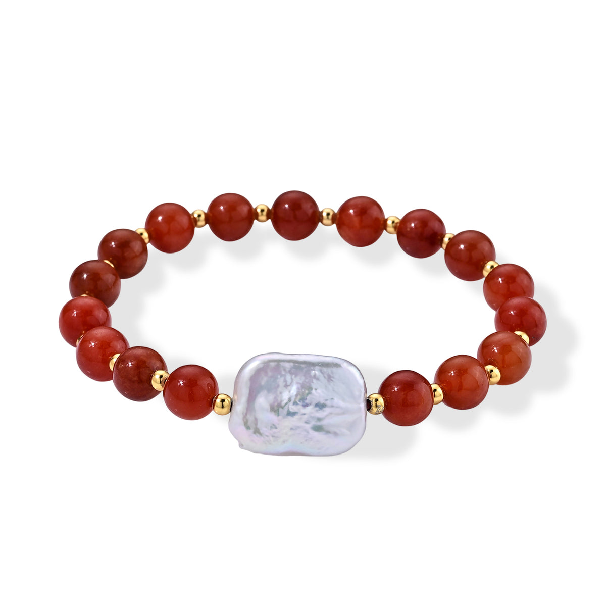 D'Joy - Red Jade &amp; White Keshi Pearl Stretchable Bracelet (Size - 7) in Yellow Gold Plated Sterling Silver 70.00 Ct. 8773571 0