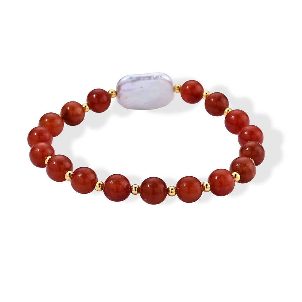 D'Joy - Red Jade & White Keshi Pearl Stretchable Bracelet (Size - 7) in Yellow Gold Plated Sterling Silver 70.00 Ct._8773571_2