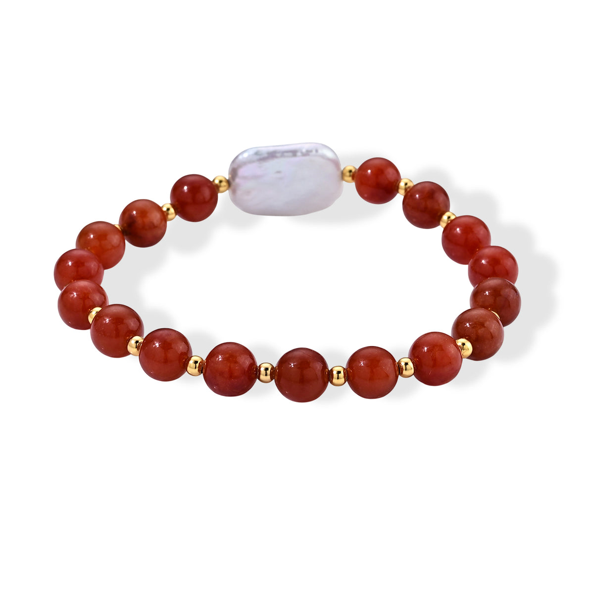 D'Joy - Red Jade &amp; White Keshi Pearl Stretchable Bracelet (Size - 7) in Yellow Gold Plated Sterling Silver 70.00 Ct. 8773571 2