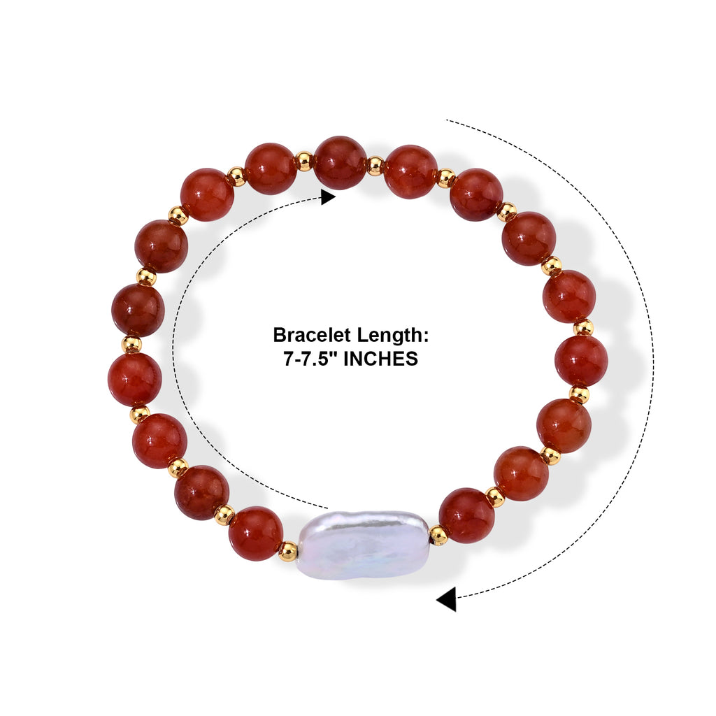 D'Joy - Red Jade & White Keshi Pearl Stretchable Bracelet (Size - 7) in Yellow Gold Plated Sterling Silver 70.00 Ct._8773571_3