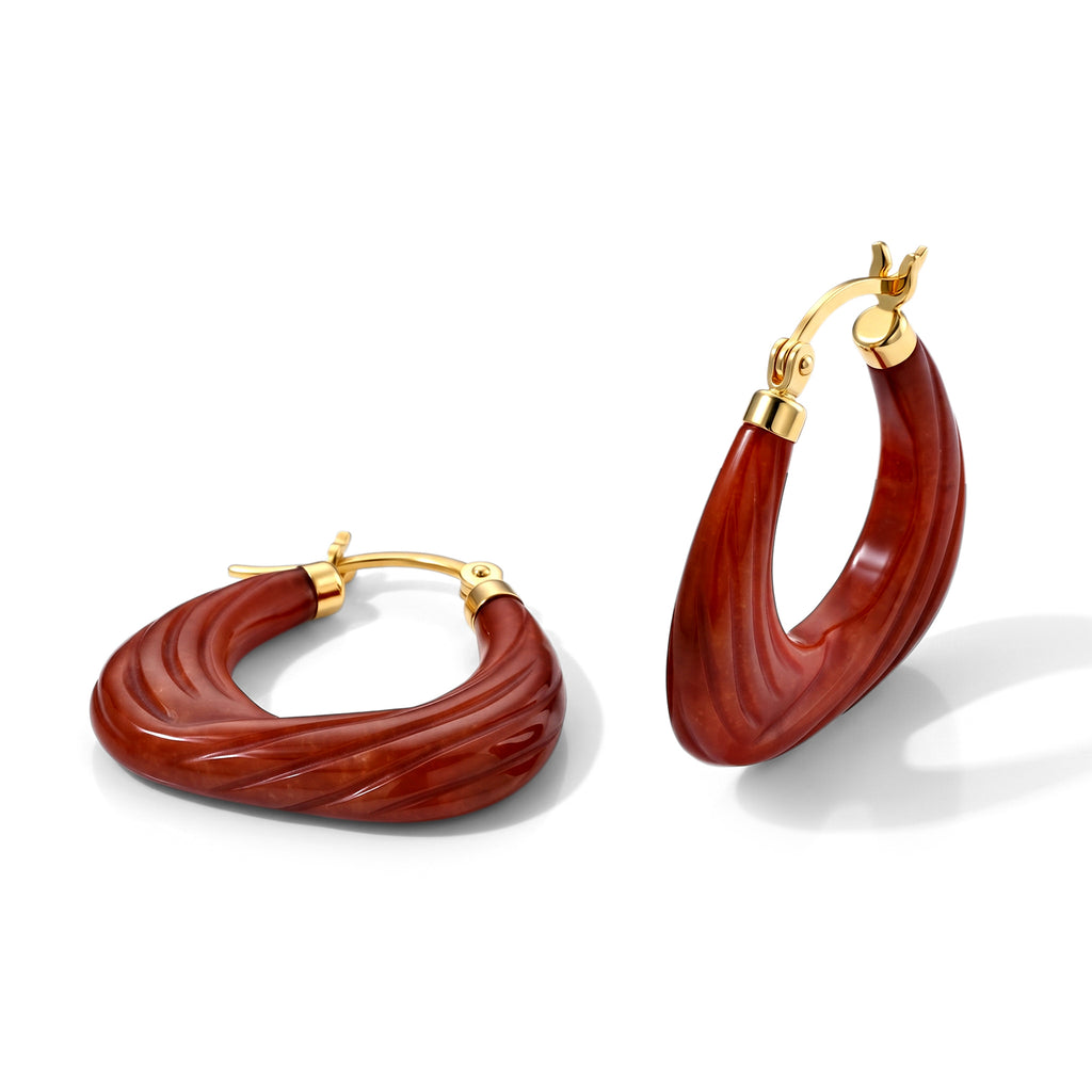 D'Joy - Red Jade Beads Hoop Earring with Clasp in Yellow Gold Plated Sterling Silver 30.00 Ct._8773589