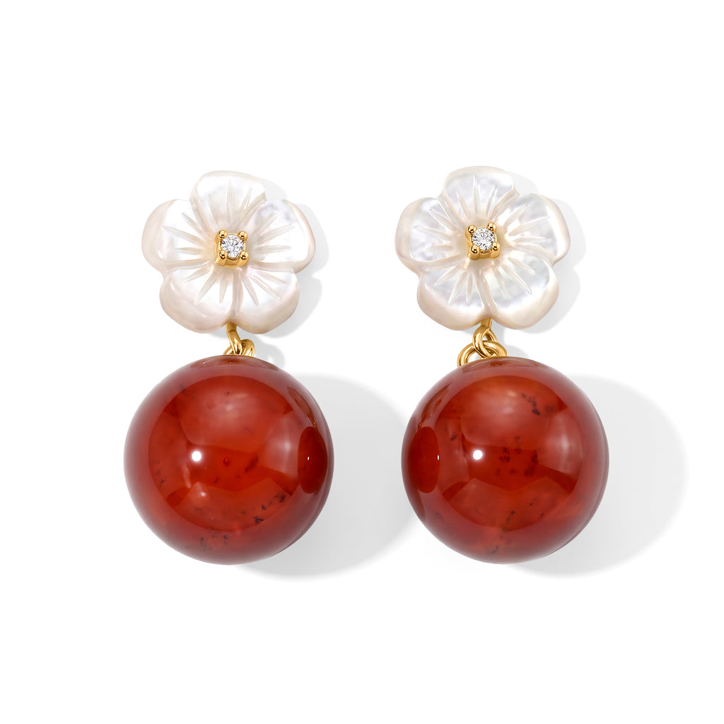 D'Joy - Red Jade Beads & Mother Of Pearl Flower Earring with Push Back in Yellow Gold Plated Sterling Silver 30.00 Ct._8773591