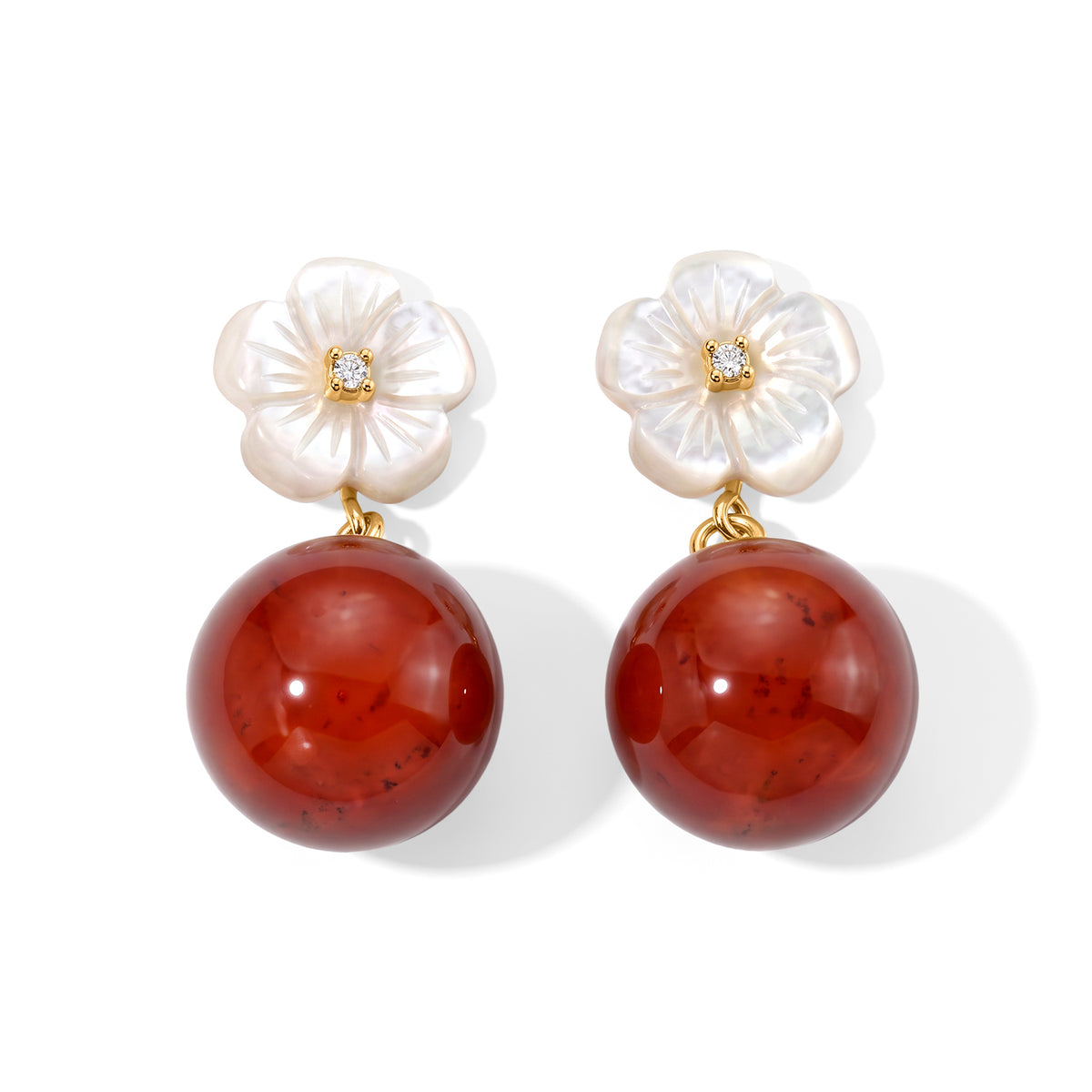 D'Joy - Red Jade Beads &amp; Mother Of Pearl Flower Earring with Push Back in Yellow Gold Plated Sterling Silver 30.00 Ct. 8773591 0