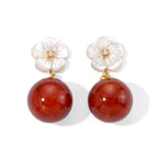D'Joy - Red Jade Beads & Mother Of Pearl Flower Earring with Push Back in Yellow Gold Plated Sterling Silver 30.00 Ct._8773591