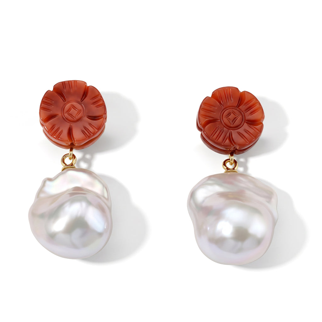 D'Joy - Red Jade & White Baroque Pearl Beads Earring with Push Post in Yellow Gold Plated Sterling Silver 40.00 Ct._8773595