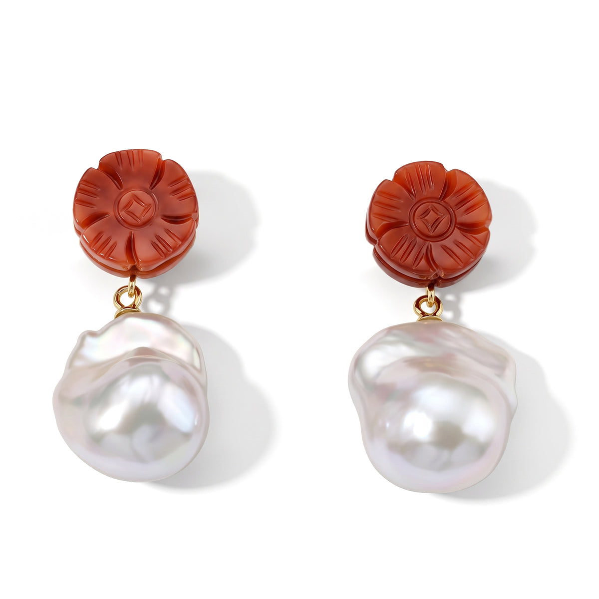 D'Joy - Red Jade &amp; White Baroque Pearl Beads Earring with Push Post in Yellow Gold Plated Sterling Silver 40.00 Ct. 8773595 0