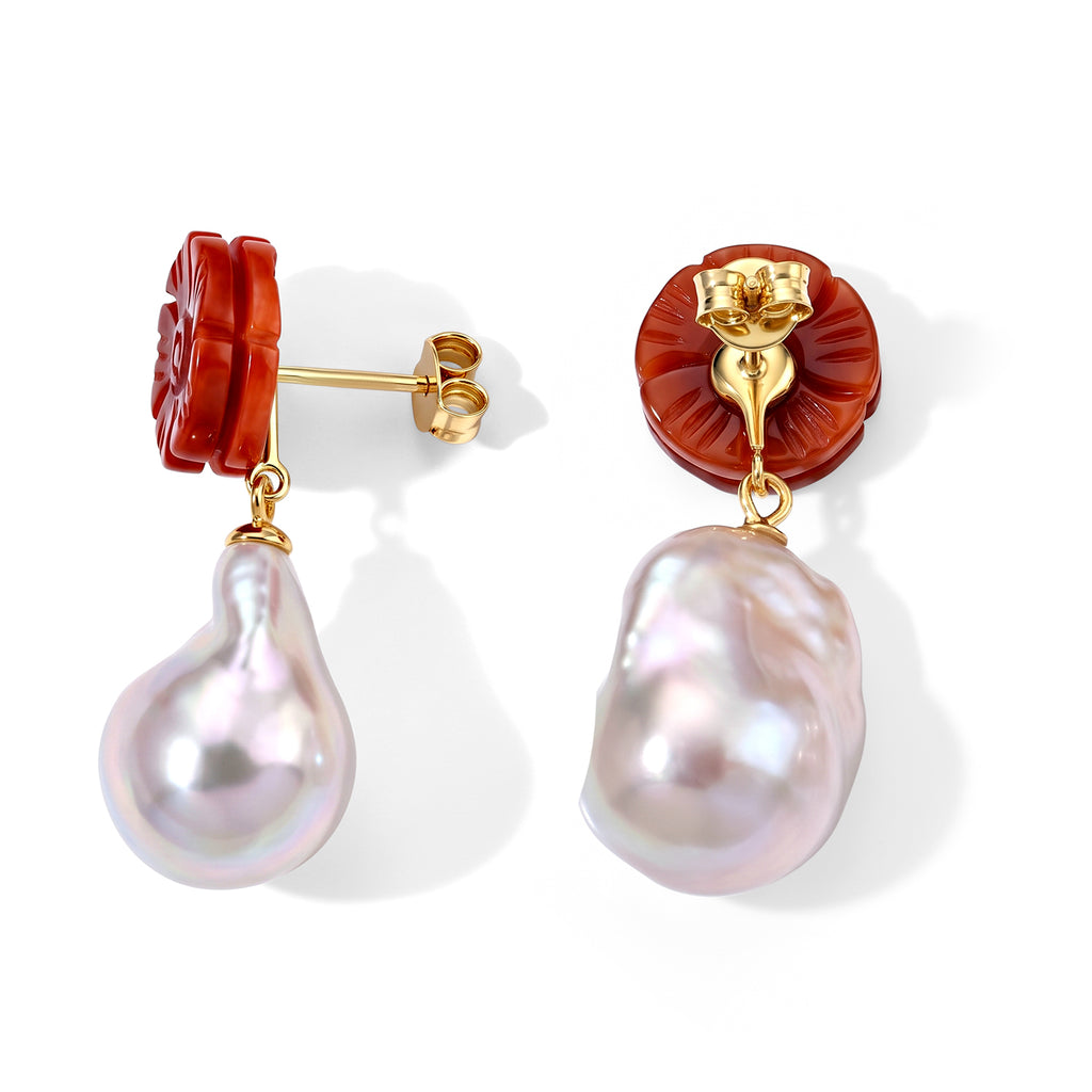 D'Joy - Red Jade & White Baroque Pearl Beads Earring with Push Post in Yellow Gold Plated Sterling Silver 40.00 Ct._8773595_2