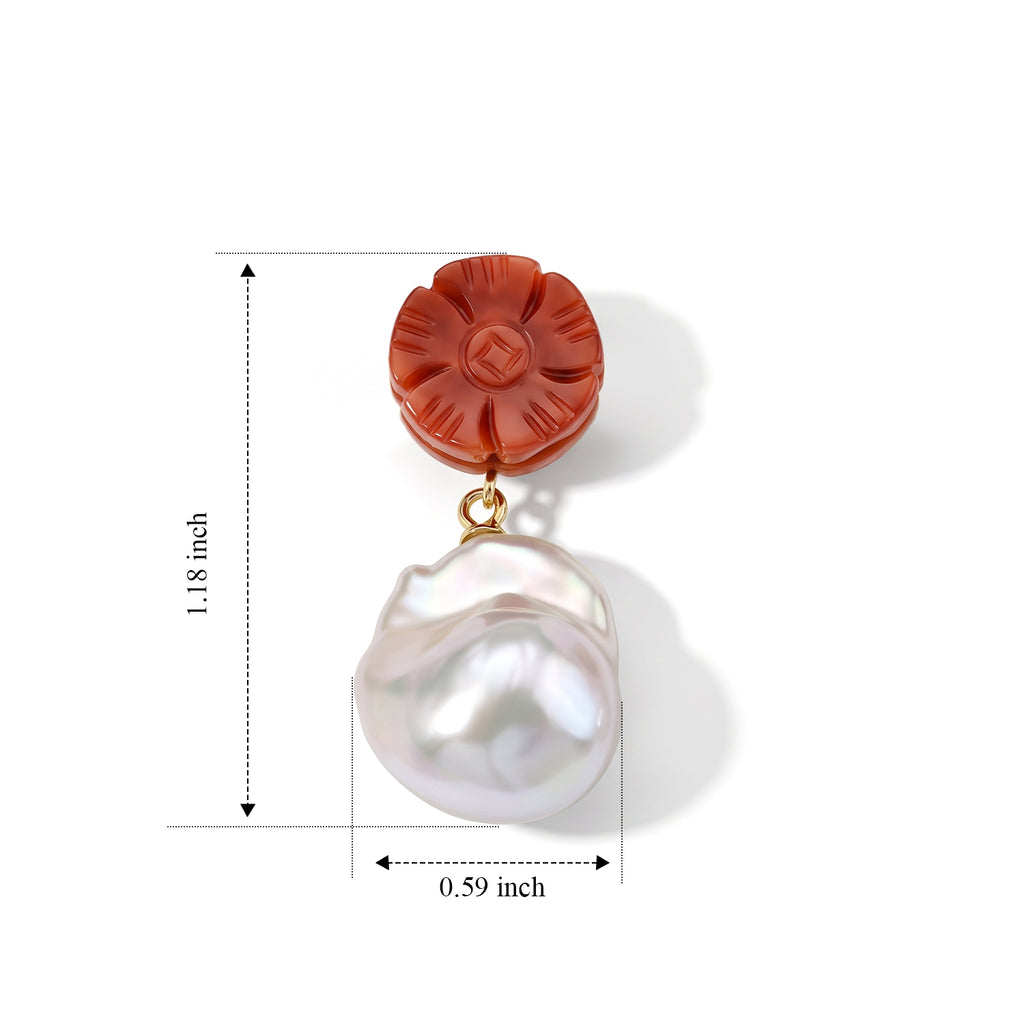 D'Joy - Red Jade & White Baroque Pearl Beads Earring with Push Post in Yellow Gold Plated Sterling Silver 40.00 Ct._8773595_3
