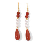 D'Joy - Red Jade & White Baroque Pearl Dangling Earring with Push Post in Yellow Gold Plated Sterling Silver 50.00 Ct._8773596
