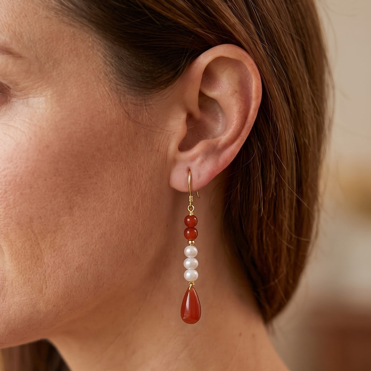 D'Joy - Red Jade &amp; White Baroque Pearl Dangling Earring with Push Post in Yellow Gold Plated Sterling Silver 50.00 Ct. 8773596 1
