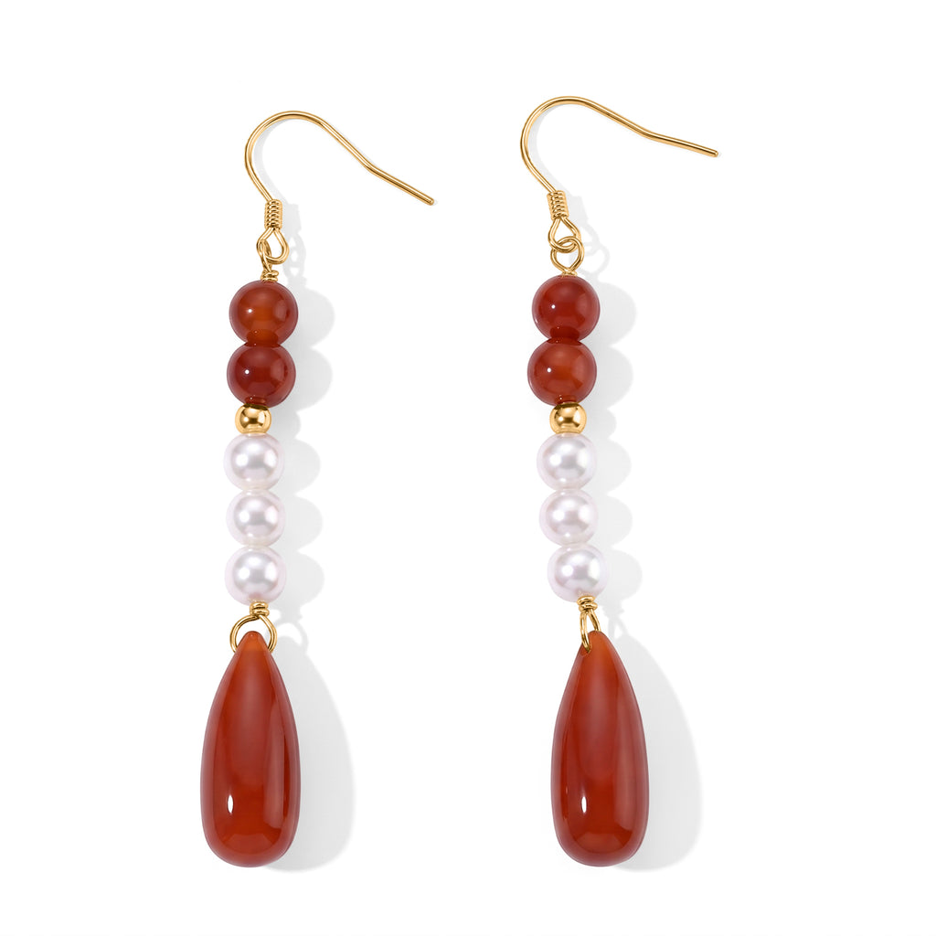 D'Joy - Red Jade & White Baroque Pearl Dangling Earring with Push Post in Yellow Gold Plated Sterling Silver 50.00 Ct._8773596_2
