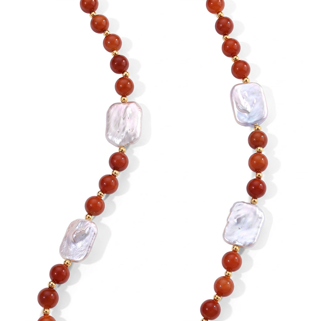 D'Joy - Red Jade & White Keshi Pearl Adjustable Beads Necklace (Size - 20+2 Ext) in Yellow Gold Plated Sterling Silver 208.00 Ct._8773652_2