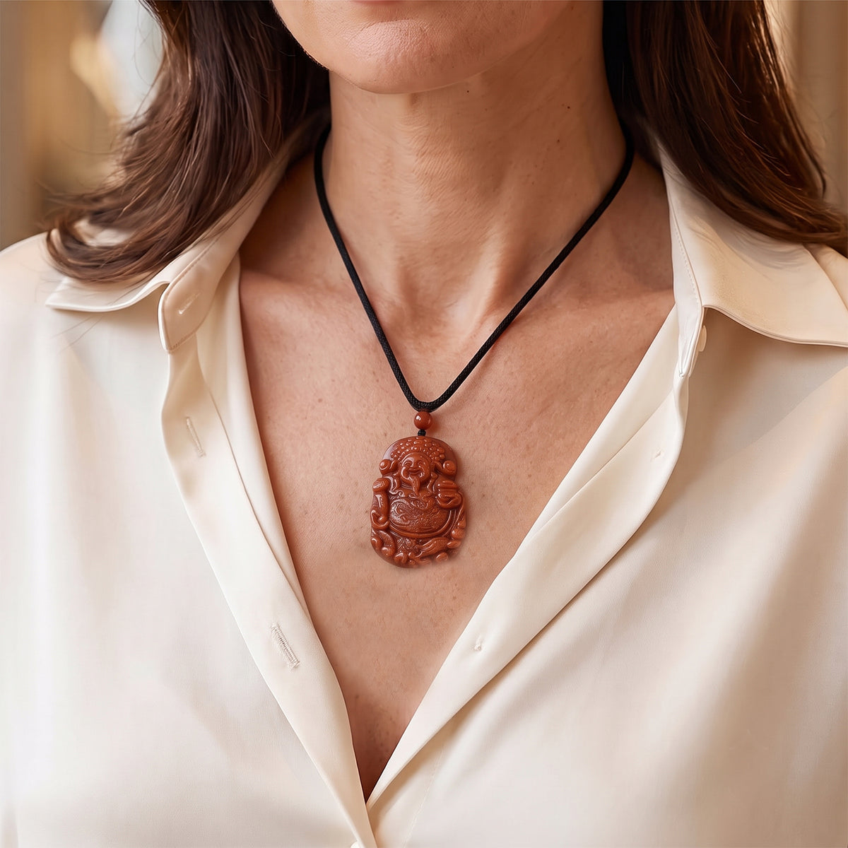 Red Jade Buddha Necklace with Cotton Thread (Size - 28, Adjustable) 205.00 Ct. 8773653 1