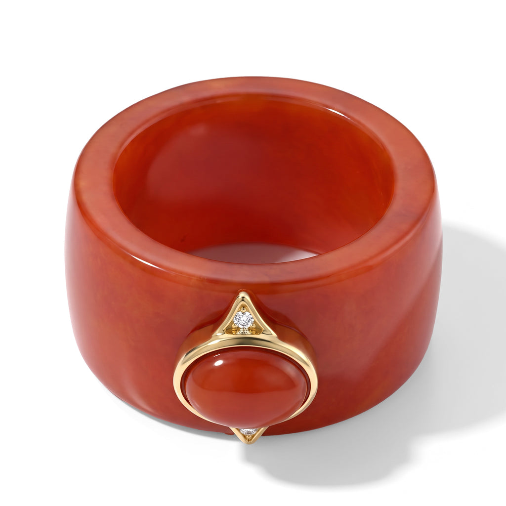 D'Joy - Red Jade & Moissanite Band Ring in Yellow Gold Plated Sterling Silver 45.00 Ct._8773669