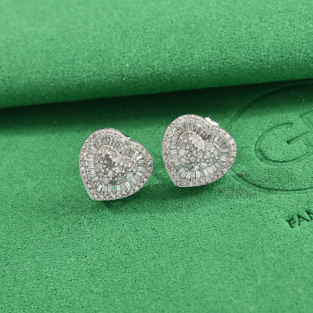 GP - Natural White Diamond & Blue Sapphire Cluster Earring with Push Post in Rhodium Overlay Sterling Silver 1.00 Ct._8774471_1