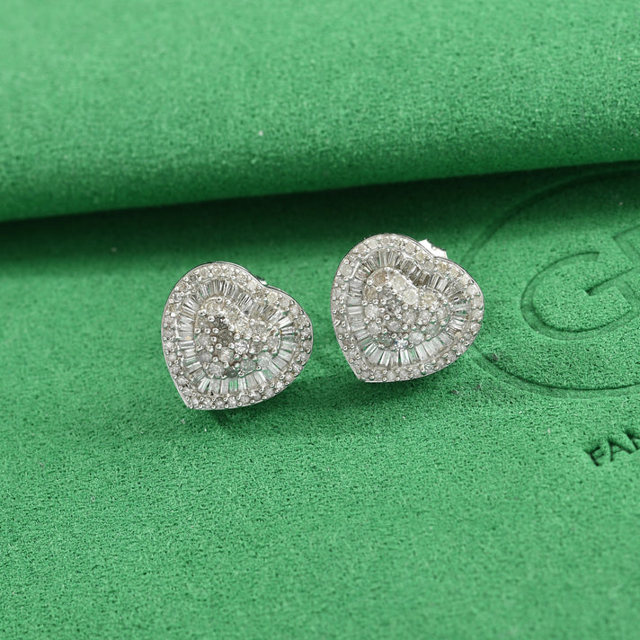 GP - Natural White Diamond &amp; Blue Sapphire Cluster Heart Earring with Push Post in Rhodium Overlay Sterling Silver 1.00 Ct. 8774471 2
