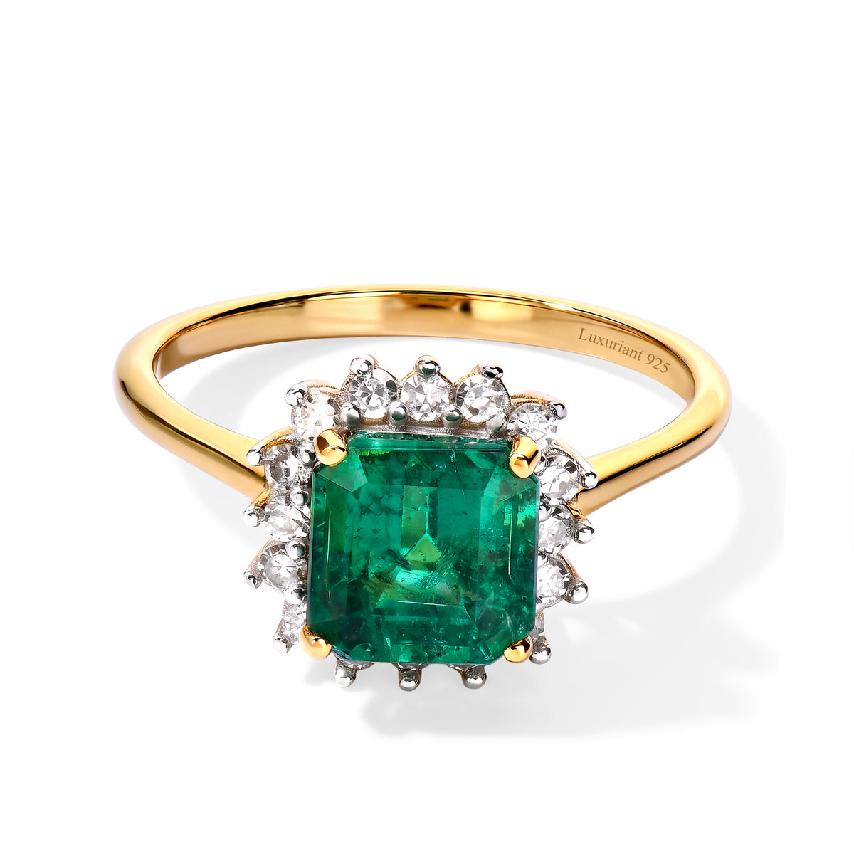 Luxuriant - Zambian Emerald &amp; Lab Grown Diamond (SI-G-H) Halo Ring in 18K Vermeil Yellow Gold Plated Sterling Silver 2.00 Ct. 8776403 0