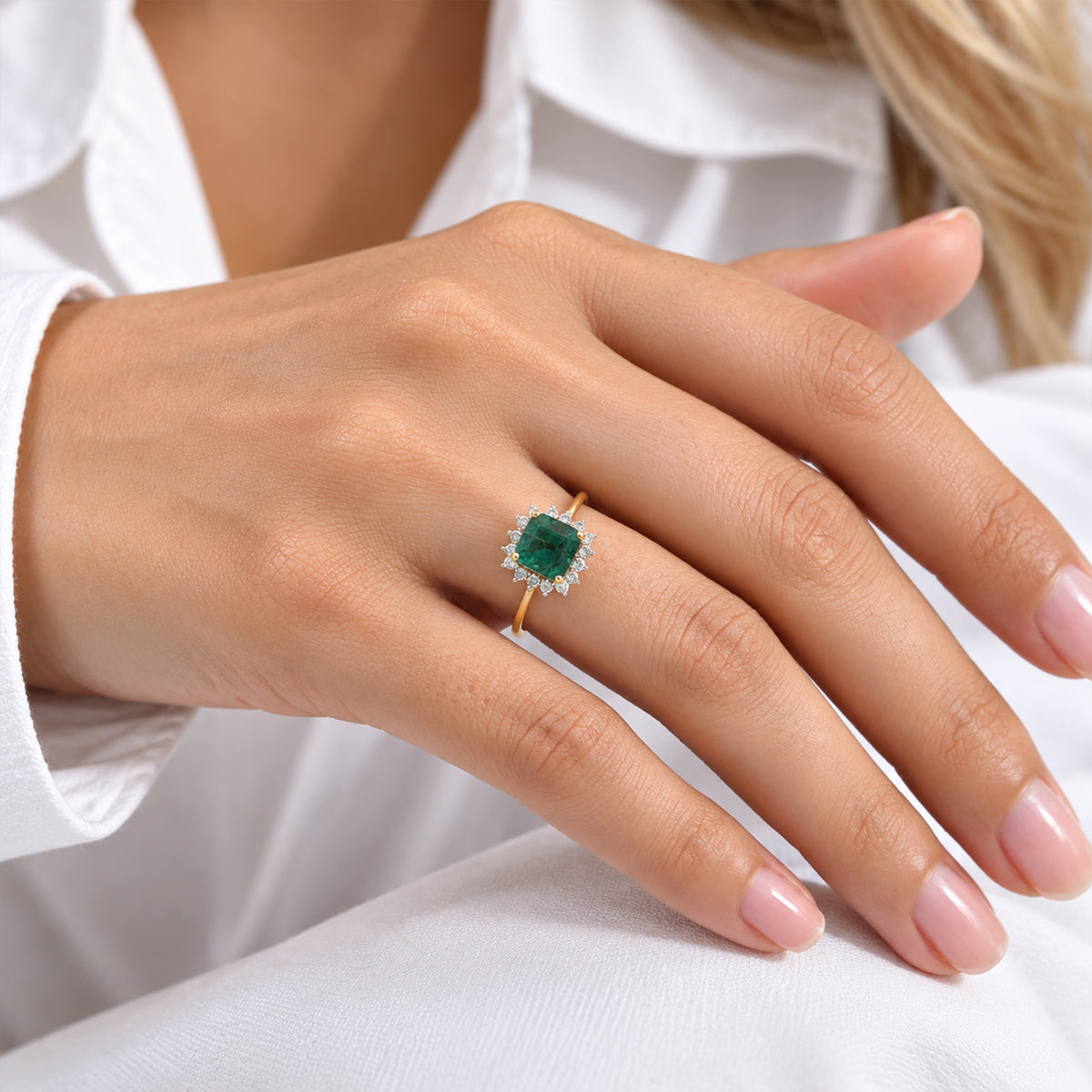 Luxuriant - Zambian Emerald &amp; Lab Grown Diamond (SI-G-H) Halo Ring in 18K Vermeil Yellow Gold Plated Sterling Silver 2.00 Ct. 8776403 1