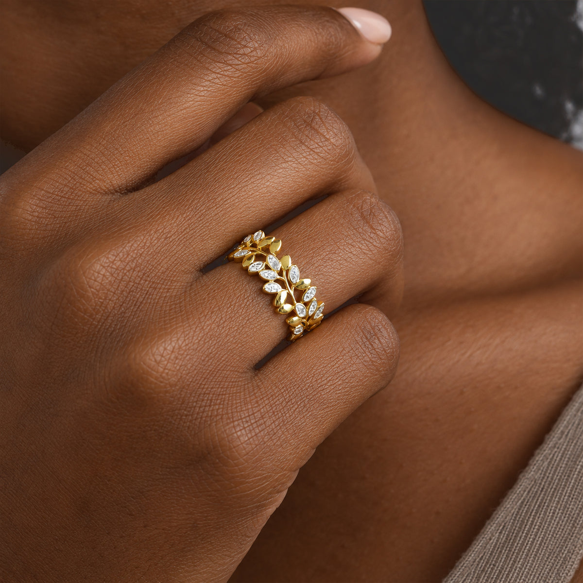 EverTrue - Natural White Diamond Leaf Vine Filigree Ring in Yellow Gold Tone 8777225 1