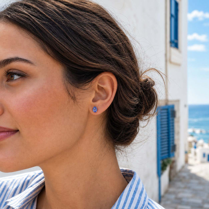 D'Joy - Premium Tanzanite Solitaire Stud Earring with Push Post in Platinum Overlay Sterling Silver. 8777472 2
