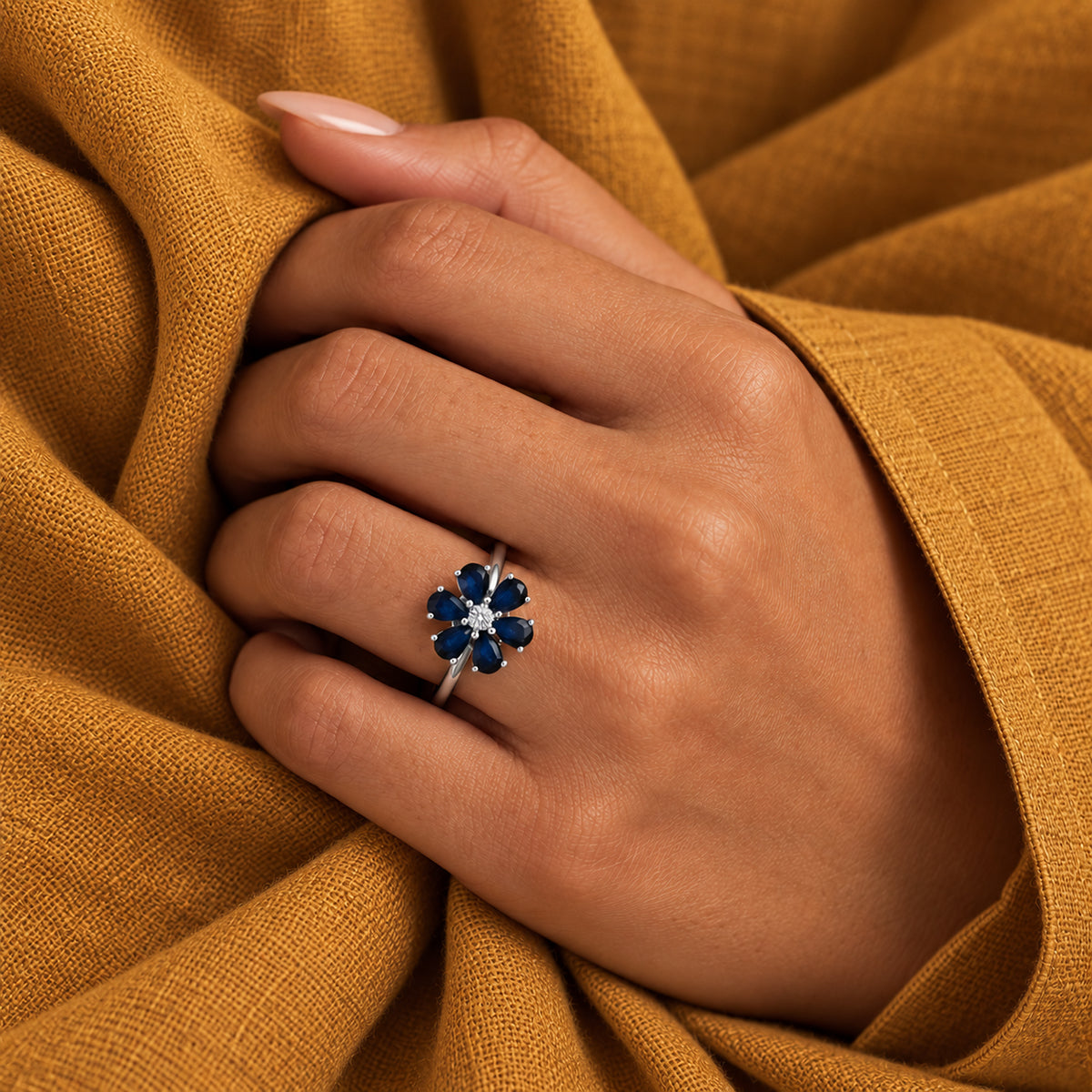 D'Joy - Diffused Blue Sapphire &amp; Lab Grown Diamond Floral Ring in Platinum Overlay Sterling Silver 2.22 Ct. 8778371 1