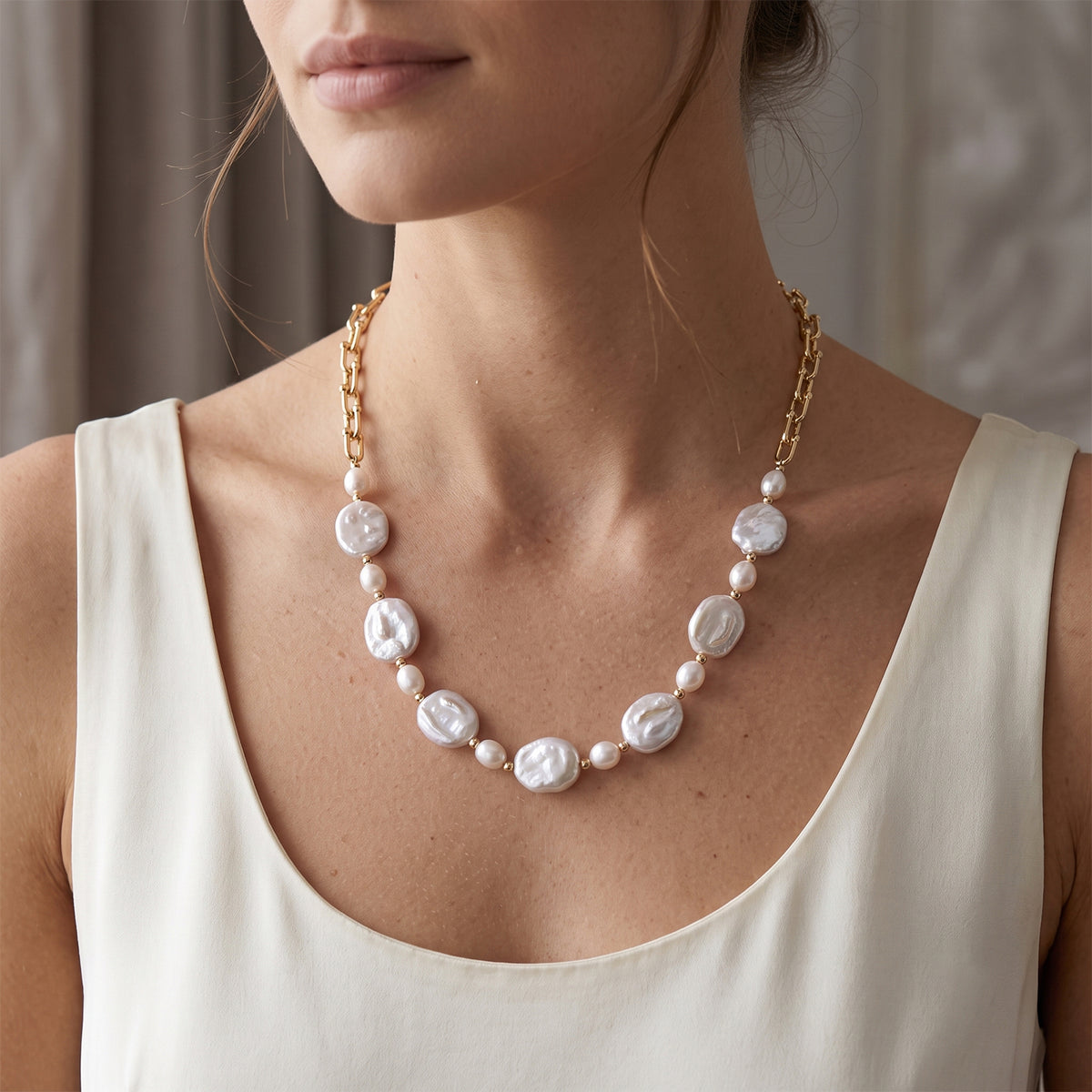 White Fresh Water Pearl &amp; White Keshi Pearl Beads Necklace (Size - 20) with Clasp 80.00 Ct. 8778376 1