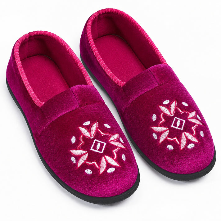 Dr Lightfoot - Anya Embroidered Soft Velvet Slip-on Slippers (Size 3) - Fuchsia 8778654 1