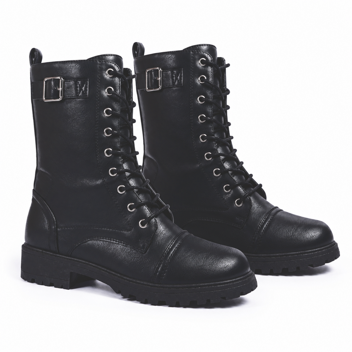 Luna High Lace-up Buckled Biker Polyurethane Combat Boots (Size 3) - Black 8778737 0