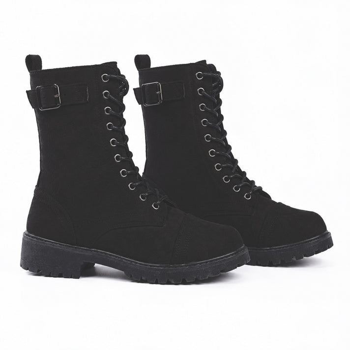 Luna High Lace-up Buckled Biker Microfibre Combat Boots (Size 3) - Black 8778754 1