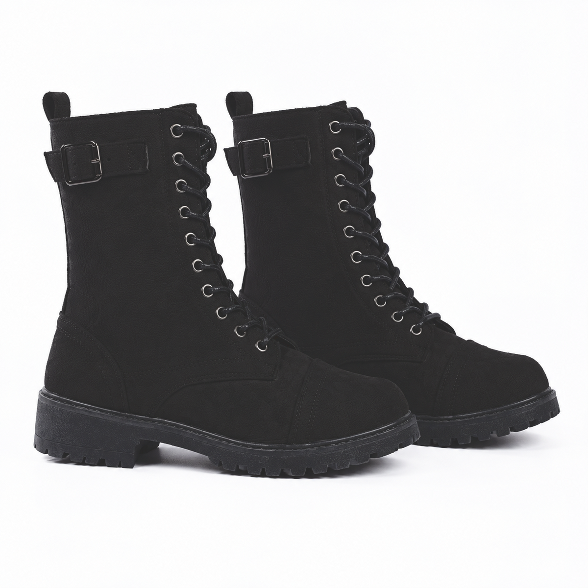 Luna High Lace-up Buckled Biker Microfibre Combat Boots (Size 3) - Black 8778754 0