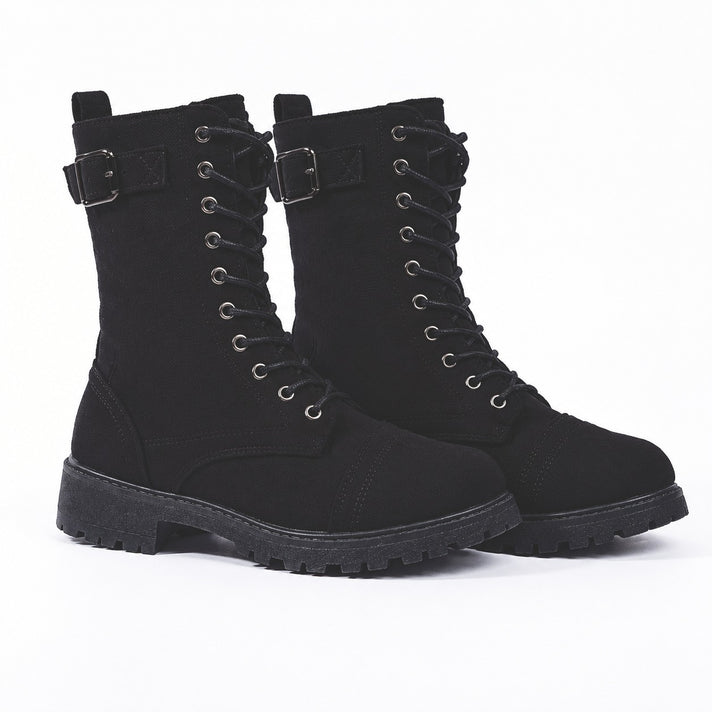 Luna High Lace-up Buckled Biker Microfibre Combat Boots (Size 3) - Black 8778754 2
