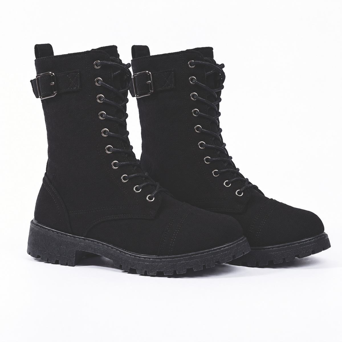 Luna High Lace-up Buckled Biker Microfibre Combat Boots (Size 3) - Black 8778754 1