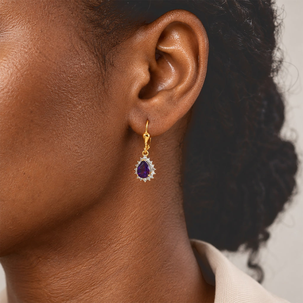 Luxuriant - AAA Zambian Amethyst & Lab Grown Diamond (SI/G-H) Halo Drop Earring with Lever Back in 18K Vermeil Yellow Gold Plated Sterling Silver 1.70 Ct._8779088_2