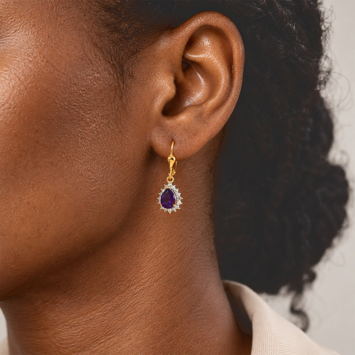 Luxuriant - AAA Zambian Amethyst &amp; Lab Grown Diamond (SI/G-H) Halo Drop Earring with Lever Back in 18K Vermeil Yellow Gold Plated Sterling Silver 1.70 Ct. 8779088 2
