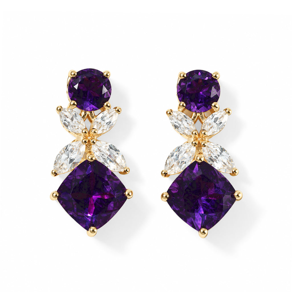 D'Joy - AAA Zambian Amethyst & White Zircon Dangling Earring with Push Post in Yellow Gold Plated Sterling Silver 5.37 Ct._8779091