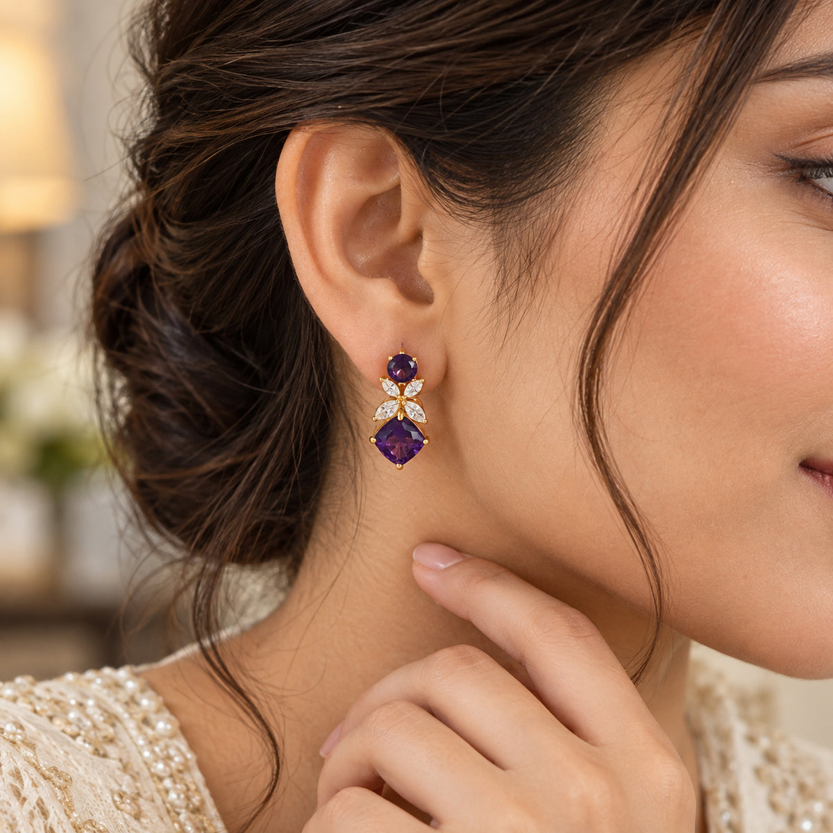 D'Joy - AAA Zambian Amethyst &amp; White Zircon Dangling Earring with Push Post in Yellow Gold Plated Sterling Silver 5.37 Ct. 8779091 1