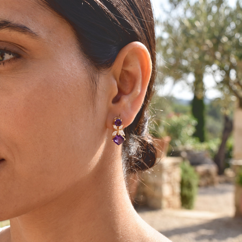 D'Joy - AAA Zambian Amethyst & White Zircon Dangling Earring with Push Post in Yellow Gold Plated Sterling Silver 5.37 Ct._8779091_2