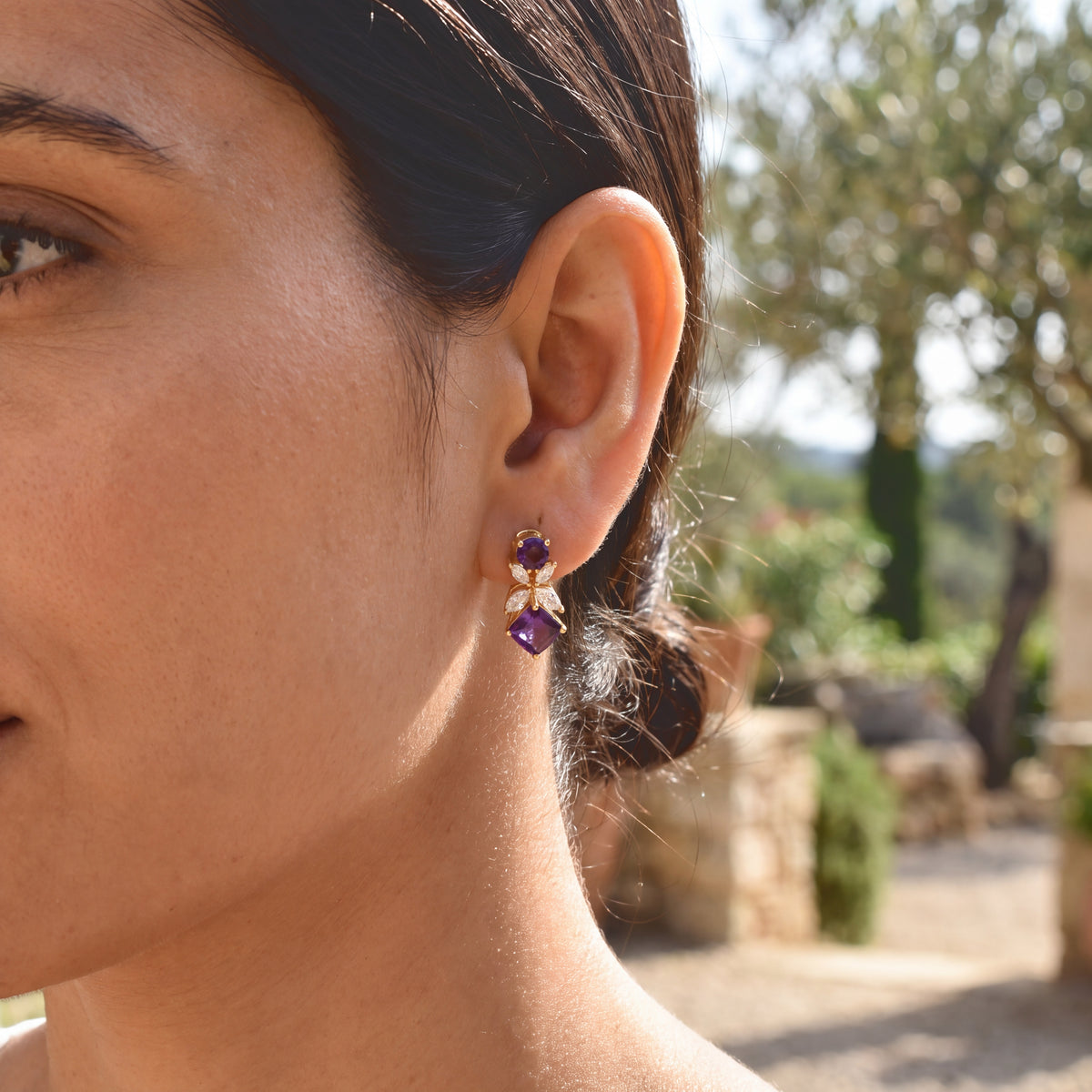 D'Joy - AAA Zambian Amethyst &amp; White Zircon Dangling Earring with Push Post in Yellow Gold Plated Sterling Silver 5.37 Ct. 8779091 2