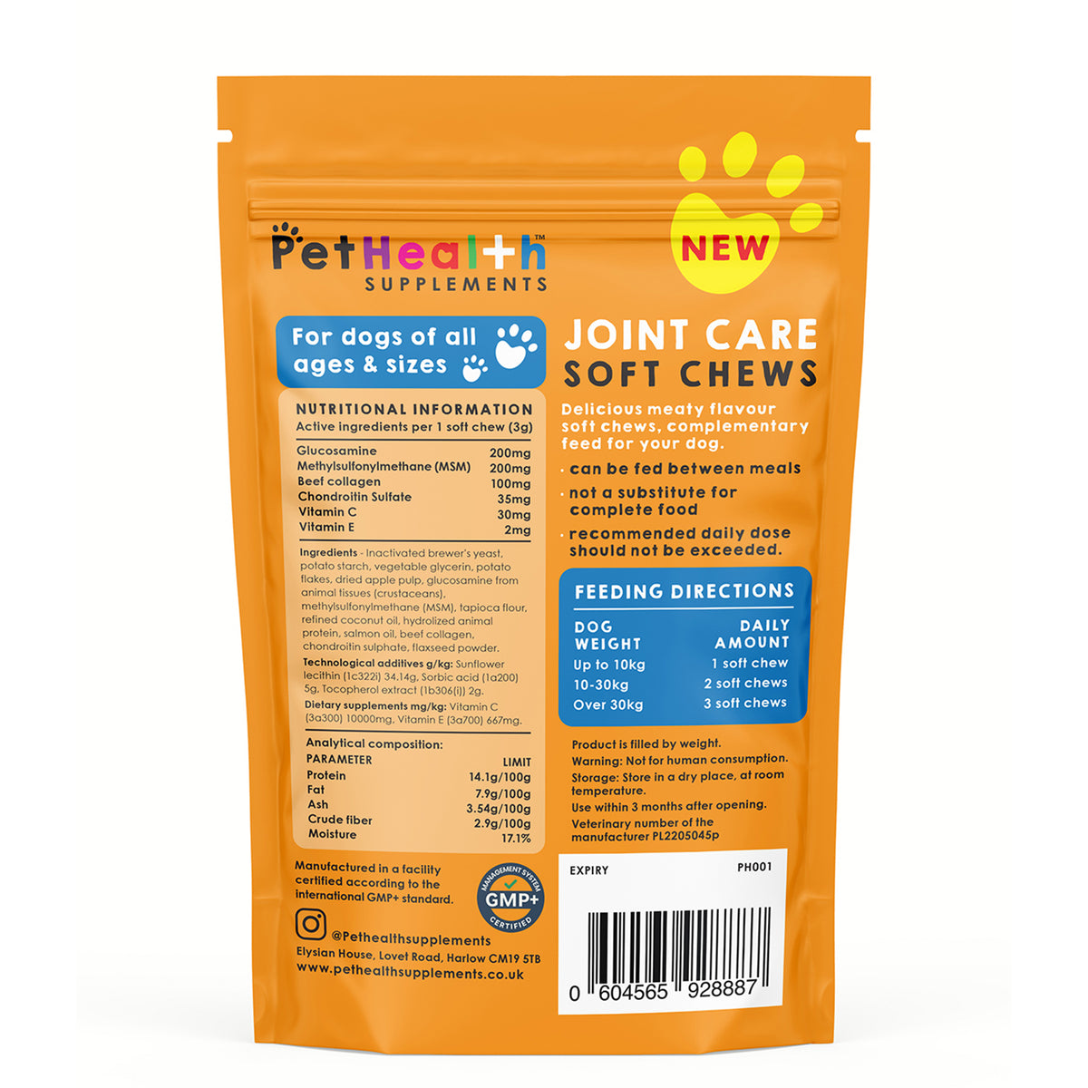 "Pet Health Joint Care Soft Chews for Dogs Natural &amp; Grain Free, Meaty Flavour, 60 Chews, 180g" 8779859 1