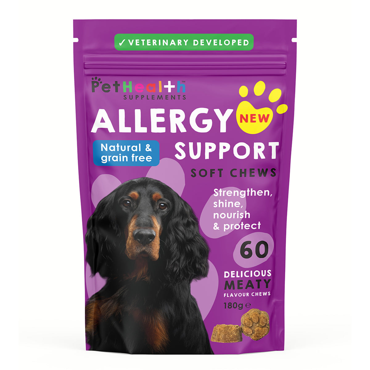 Pet Health Allergy Support 60 Soft Chews for Dogs , Natural &amp; Grain Free, Meaty Flavour, 60 Chews, 180g 8779860 0