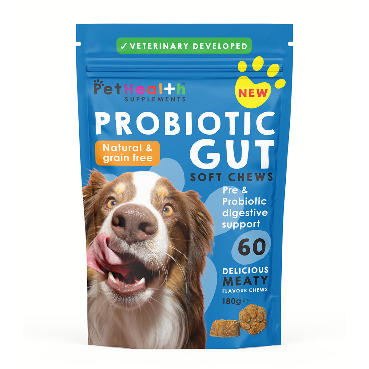 Pet Health Probiotic Gut 60 Soft Chews For Dogs, Natural &amp; Grain Free, Meaty Flavour, 60 Chews, 180G 8779861 0