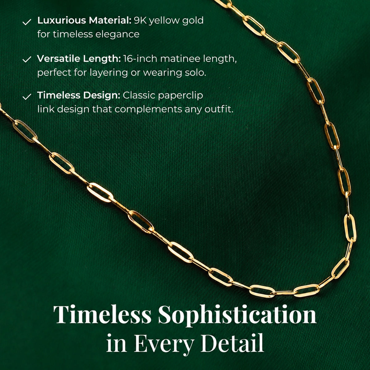 9K Yellow Gold High Finish Paperclip Chain with Spring Ring Clasp 18 Inch 8779865 5