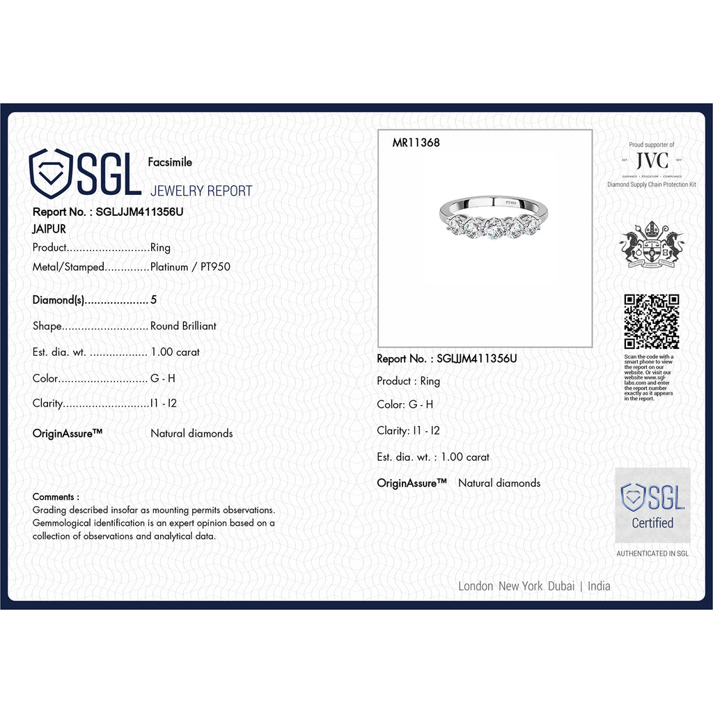 950 Platinum SGL Certified White Diamond 5 Stone Ring 1.00 Ct, Platinum Wt. 4.00 Gms_8780020_7