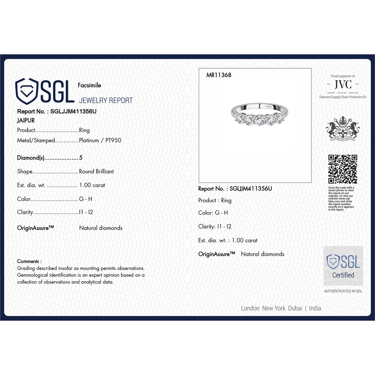 950 Platinum SGL Certified White Diamond 5 Stone Ring 1.00 Ct, Platinum Wt. 4.00 Gms 8780020 7