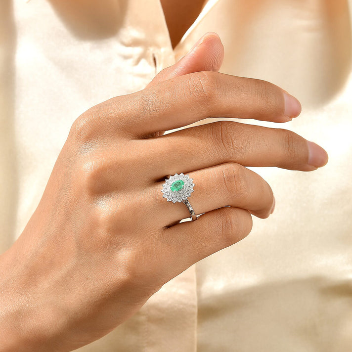 D'Joy - Colombian Emerald &amp; Moissanite Halo Ring in Rhodium Overlay Sterling Silver 1.00 Ct. 8780272 2