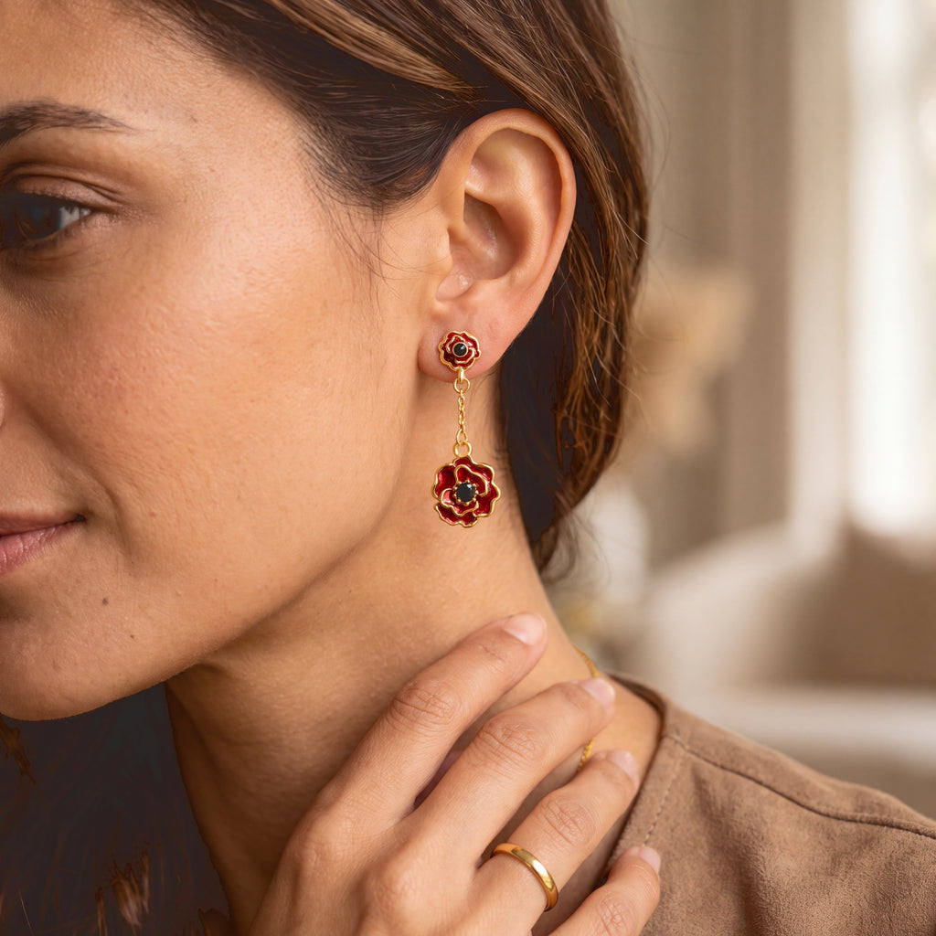 Black Crystal Poppy Flower Dangling Earring with Push Back_8780605_1